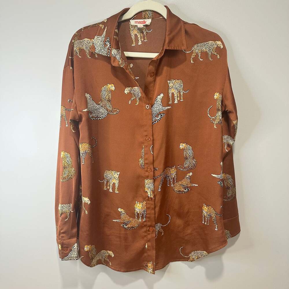 MAZIK Women's Leopard Print Button Down Long Sleeve Blouse Top, Sz S